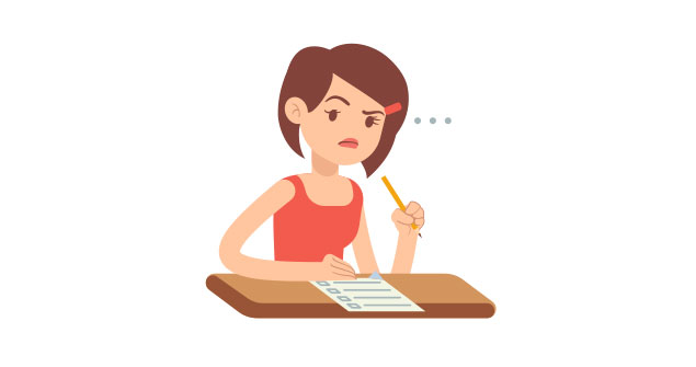 An illustration of a student thinking while writing an exam at a desk