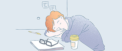 An illustration of a man asleep at his desk next to some papers