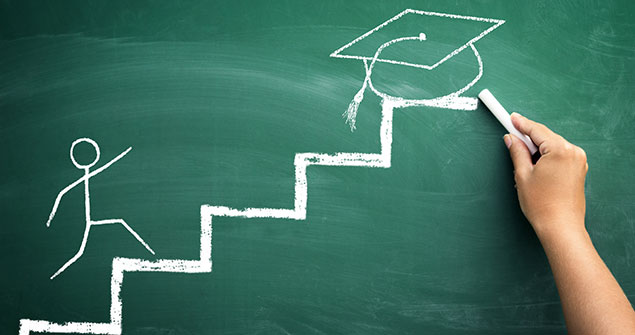 A drawing of a student climbing towards a graduation cap on stairs