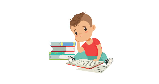 An illustration of a child looking anxious while reading a book next to a stack of books