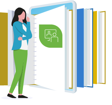 An illustration of a girl standing in front of a giant opened notebook standing up in front of a couple other notebooks