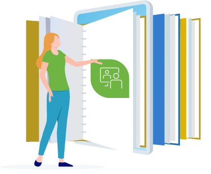 An illustration of a girl standing in front of a giant opened notebook standing up in front of a couple other notebooks