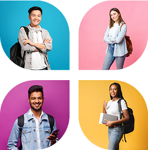 A collage of four students ready for school