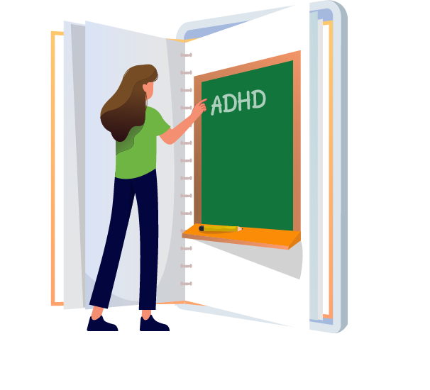 An illustration of a girl holding open a notebook with the words "ADHD" written on a chalkboard on one of the pages