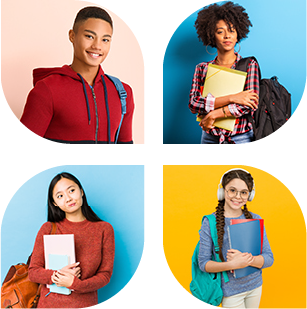 A collage of four students ready for school