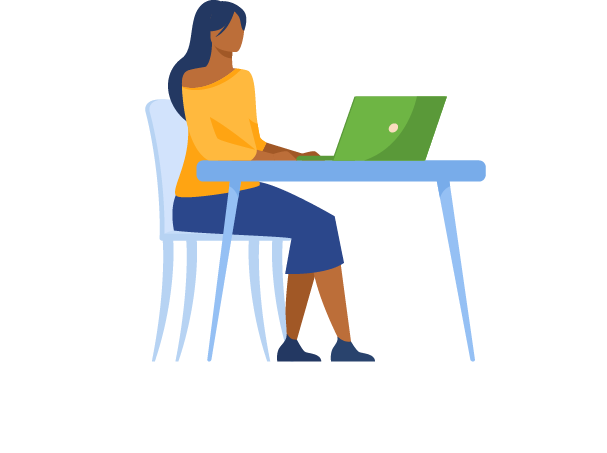 An illustration of a girl sitting at a desk in front of a laptop