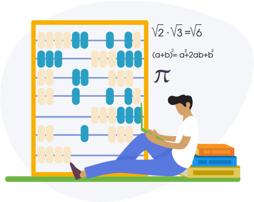 An illustration of a student sitting against a stack of books holding a laptop with some math equations in the background