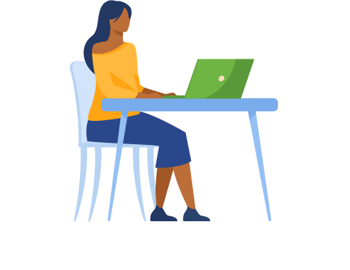 An illustration of a girl sitting at a desk in front of a laptop