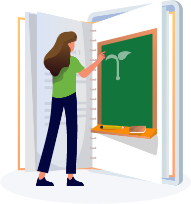 An illustration of a girl standing in front of a giant open notebook standing up with small plant drawn on a chalkboard on the page