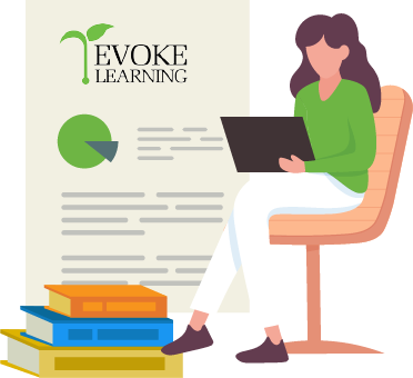 A girl sitting in a chair holding a laptop next to a stack of giant of books