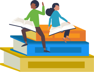 An illustration of two students sitting on a stack of giant books holding an open book each