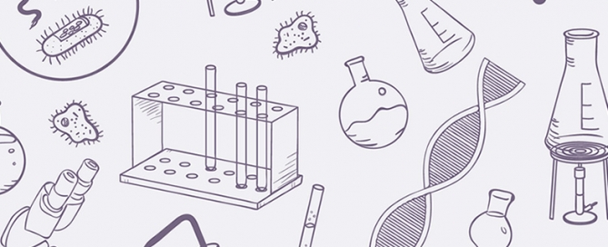 Various scientific related illustrations such as testing tubes, beakers, and microscopic organisms