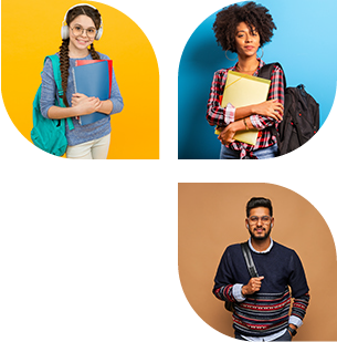 Three students in separate backgrounds carrying school bags and notebooks