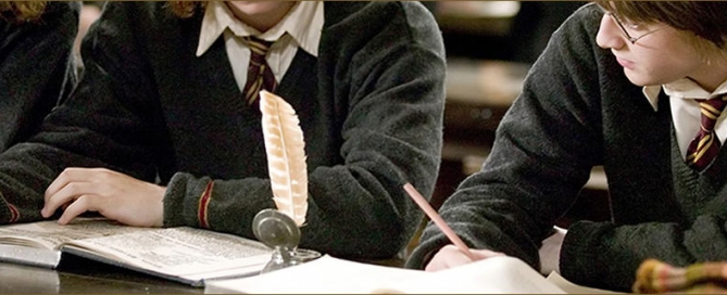 Harry Potter doing homework at Hogwarts